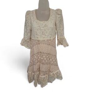 The Cou.N by Hye Sun Cream Lace Mini‎ Dress Bell Sleeve Peach Lining Vintage